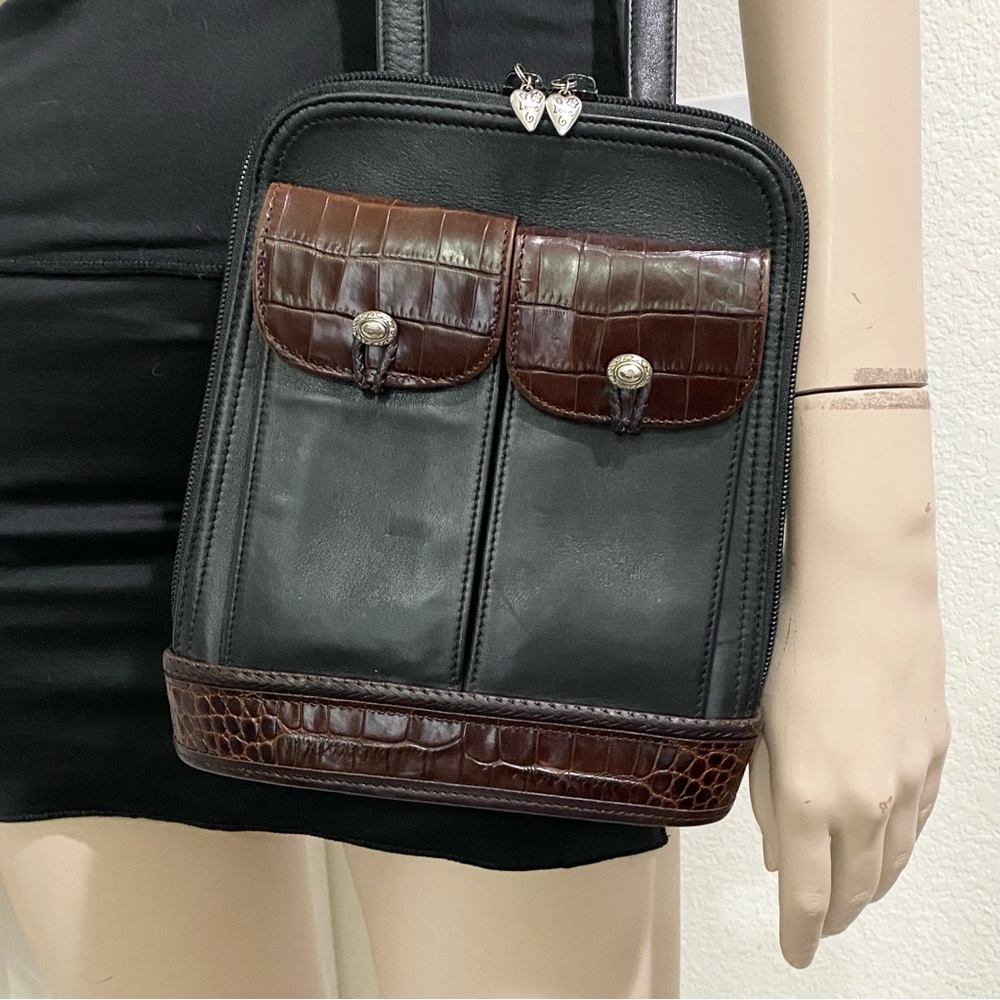 Vintage BRIGHTON Black Croc Leather Trims Two-Flap Front Pockets Shoulder Bag